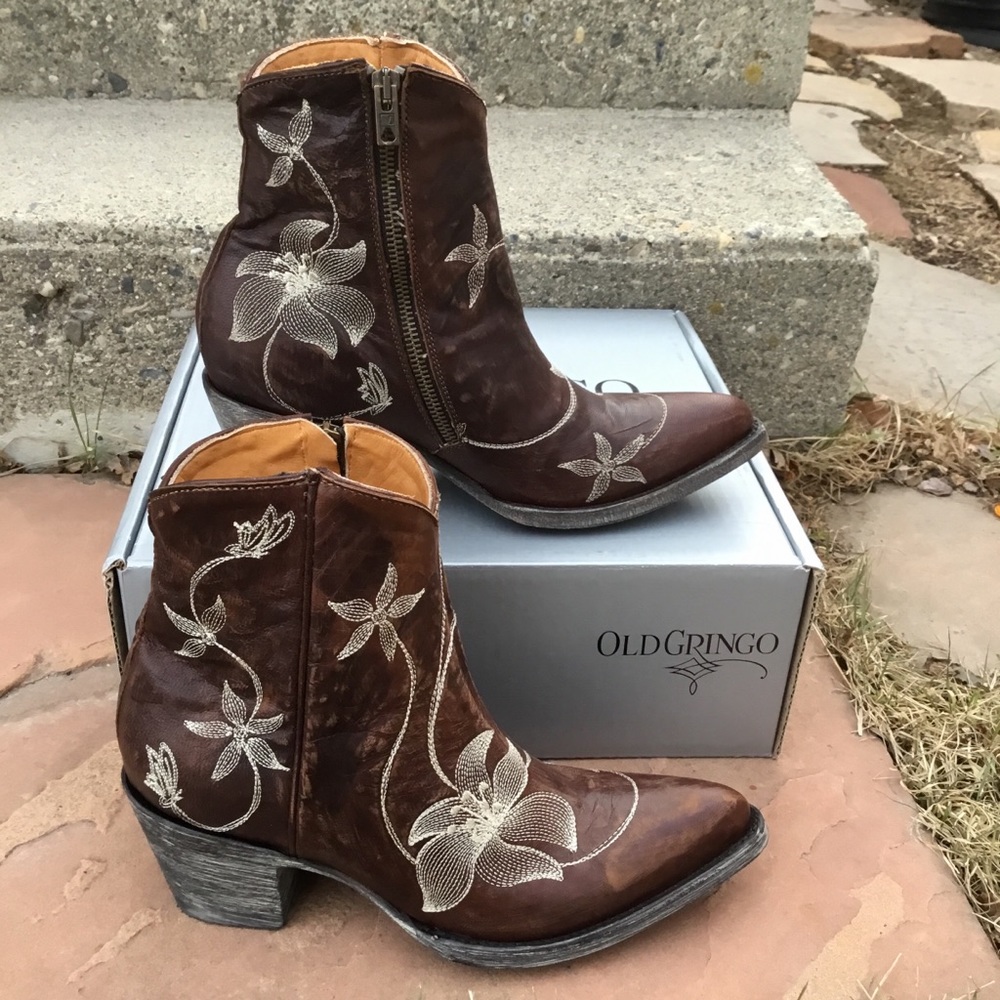 Old Gringo Brown Leather Embroidered Ankle Booties